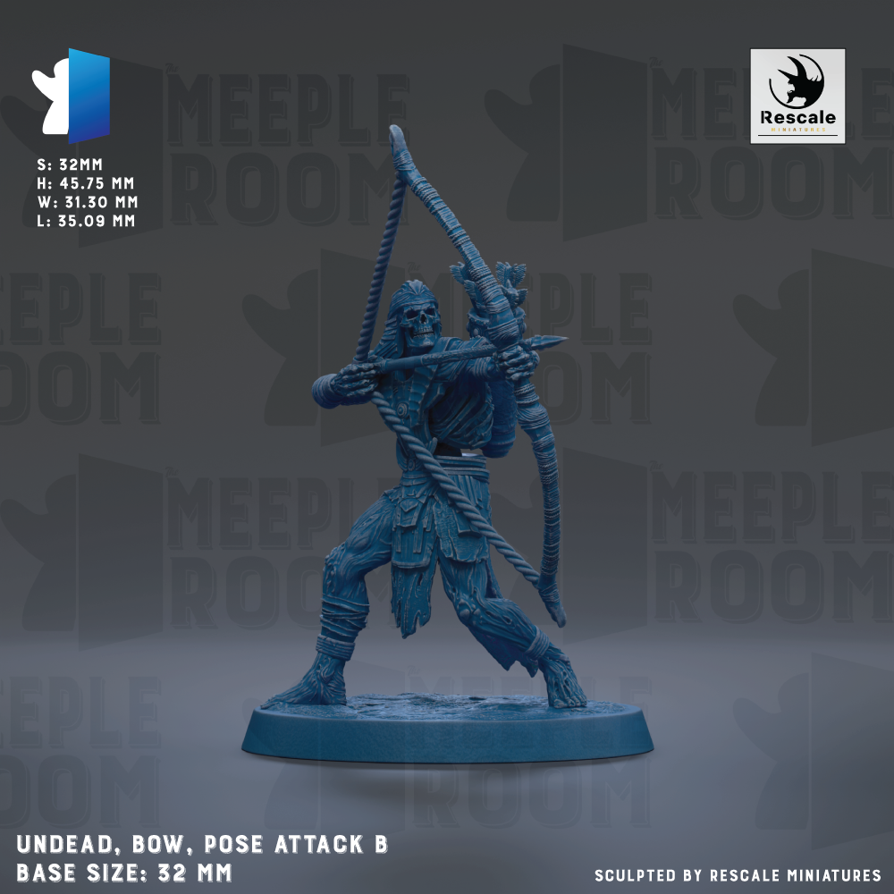 A figurine of a zombie-like character holding a bow and arrow, standing on a base. The figurine is described as "UNDEAD, BOW, POSE ATTACK B" and has a base size of 32mm. The image is a collage of multiple images, and the phrase "The image depicts" is not used.