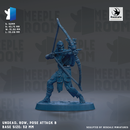 A figurine of a zombie-like character holding a bow and arrow, standing on a base. The figurine is described as "UNDEAD, BOW, POSE ATTACK B" and has a base size of 32mm. The image is a collage of multiple images, and the phrase "The image depicts" is not used.