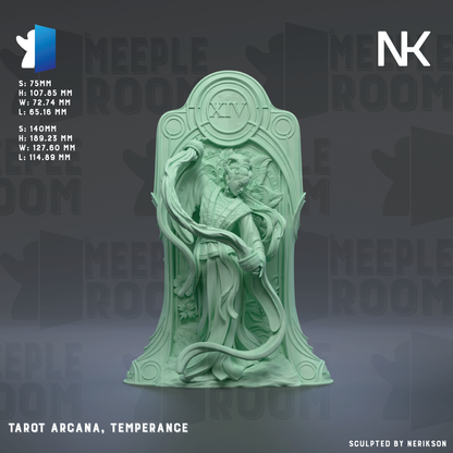 The image is a 3D rendering of a tarot card, specifically the "Arcana" card, which represents the Temperance card. The card is depicted in a light green color and features a figure of a woman with a flowing dress and a large headdress. The background of the image is dark gray, providing a contrast to the light green of the tarot card. The image is labeled with the text "Tarot Arcana, Temperance" and "Sculpted by Nerkison".