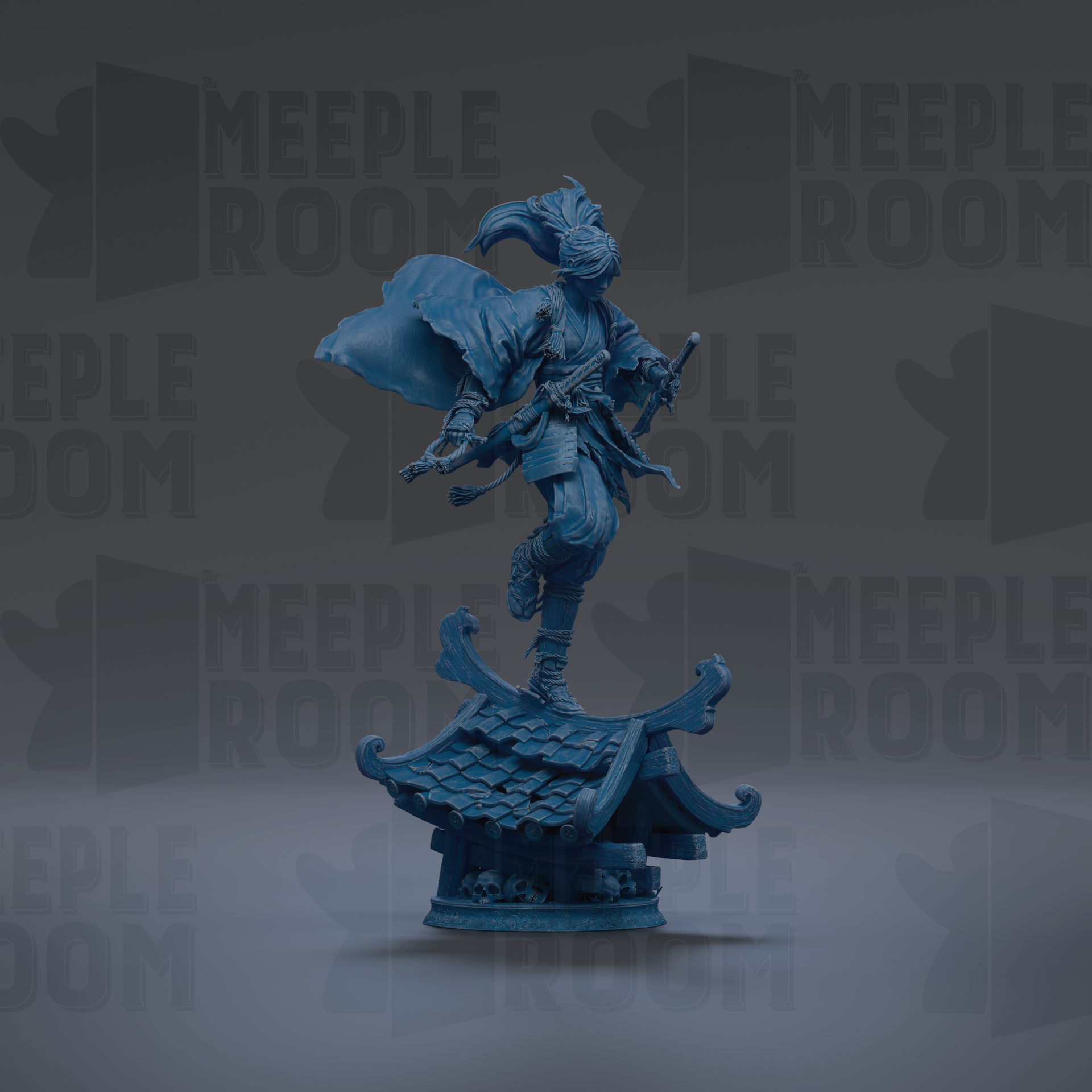 A blue statue of a person standing on a roof, holding a weapon, against a dark background with repeated text.