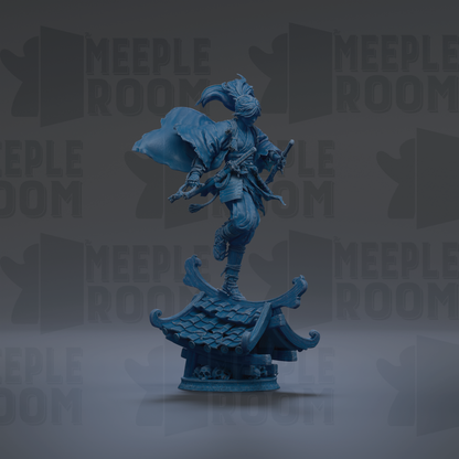 A blue statue of a person standing on a roof, holding a weapon, against a dark background with repeated text.