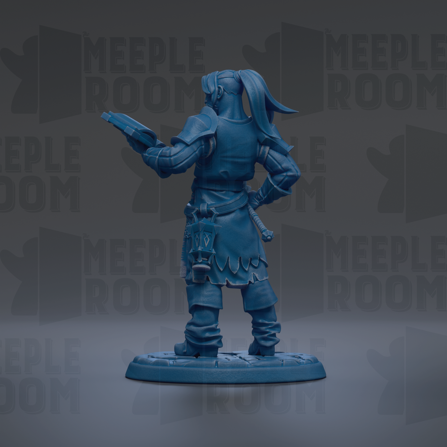 A blue figurine of a person standing in a defensive stance, holding a shield and sword, against a dark background with repeated text.