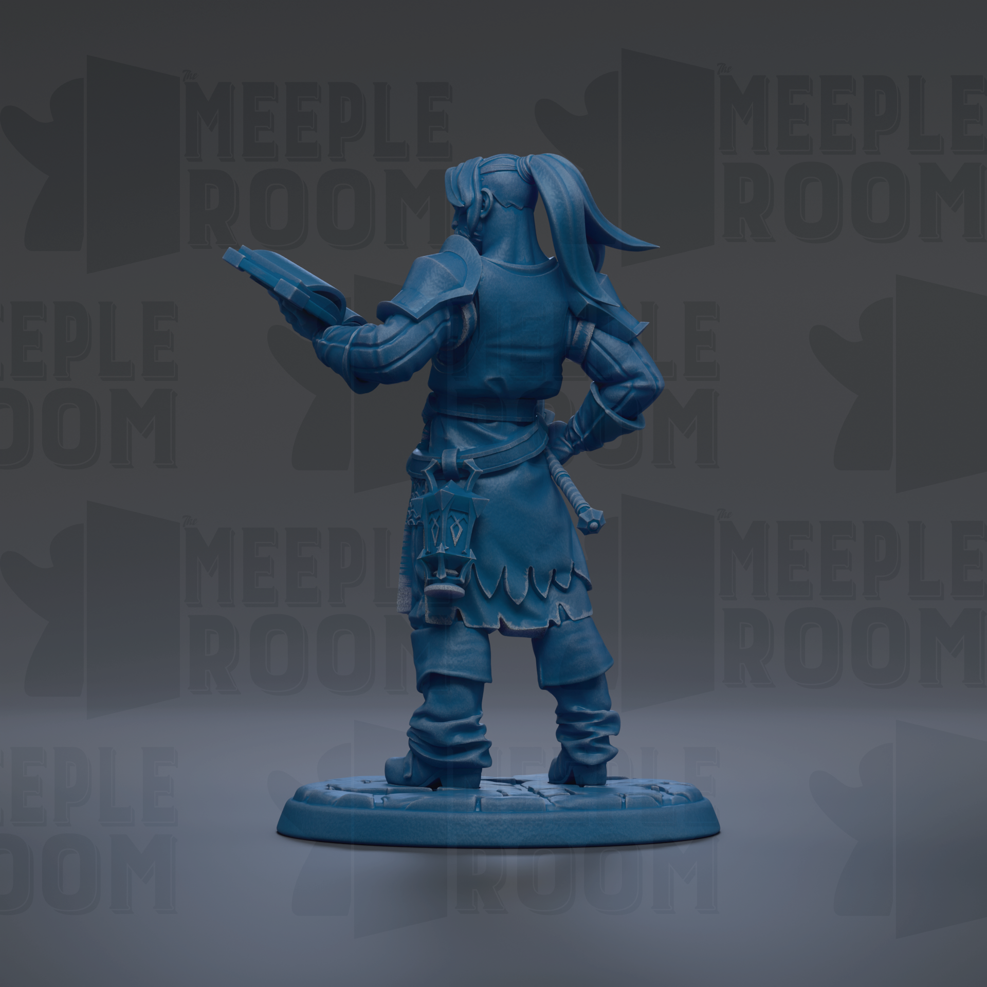 A blue figurine of a person standing in a defensive stance, holding a shield and sword, against a dark background with repeated text.