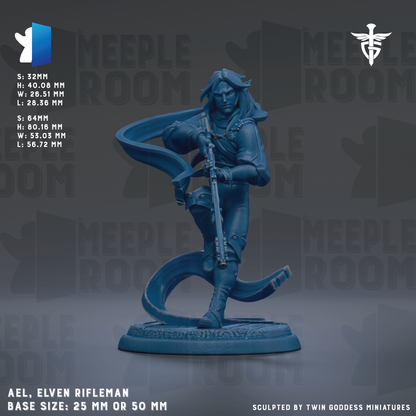 A blue figurine of a male character, likely a elf or elf-like figure, holding a rifle and standing in a dynamic pose. The figurine is set against a dark background with the text "MEPLE ROOM" repeated multiple times. The image is described as a "MEPLE ROOM" and includes details about the base size, which is either 25mm or 50mm. The image is described as a "MEPLE ROOM" and is sculpted by "TWIN GODESS MINIATURES".