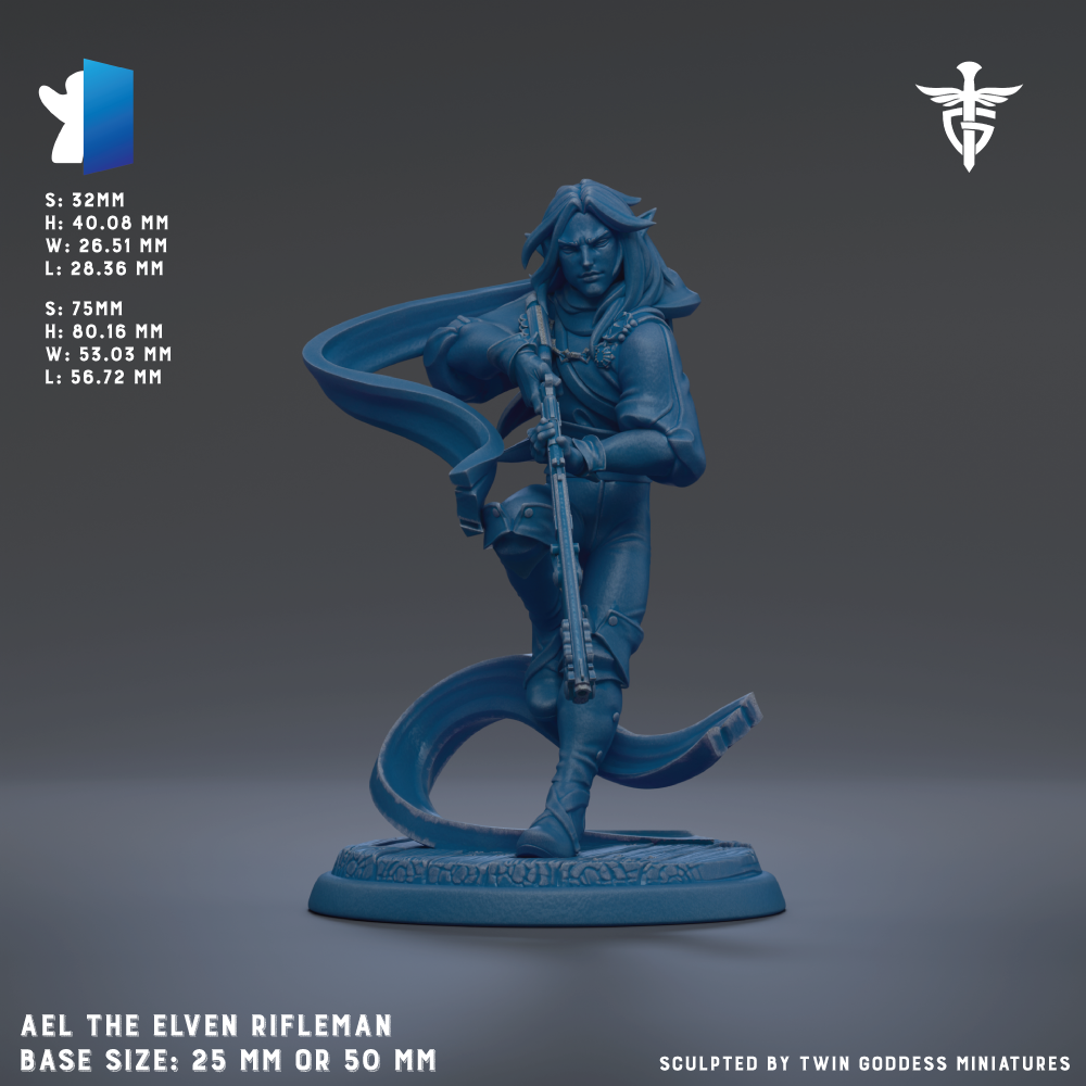A blue figurine of a man holding a rifle, standing on a base. The figurine appears to be a character from a fantasy or action-adventure game.
