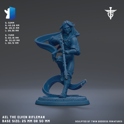 A blue figurine of a man holding a rifle, standing on a base. The figurine appears to be a character from a fantasy or action-adventure game.