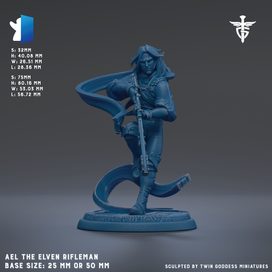 A blue figurine of a man holding a rifle, standing on a base. The figurine appears to be a character from a fantasy or action-adventure game.