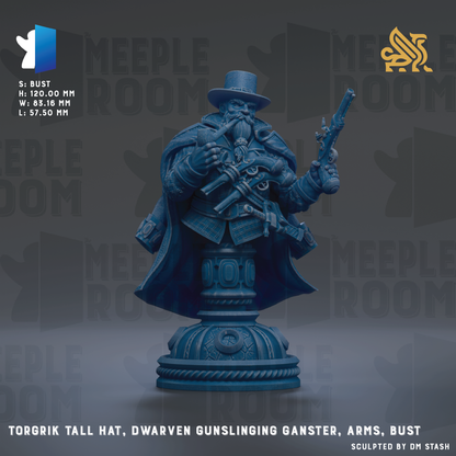 A blue figurine of a dwarf character holding a gun and wearing a top hat, standing on a pedestal.