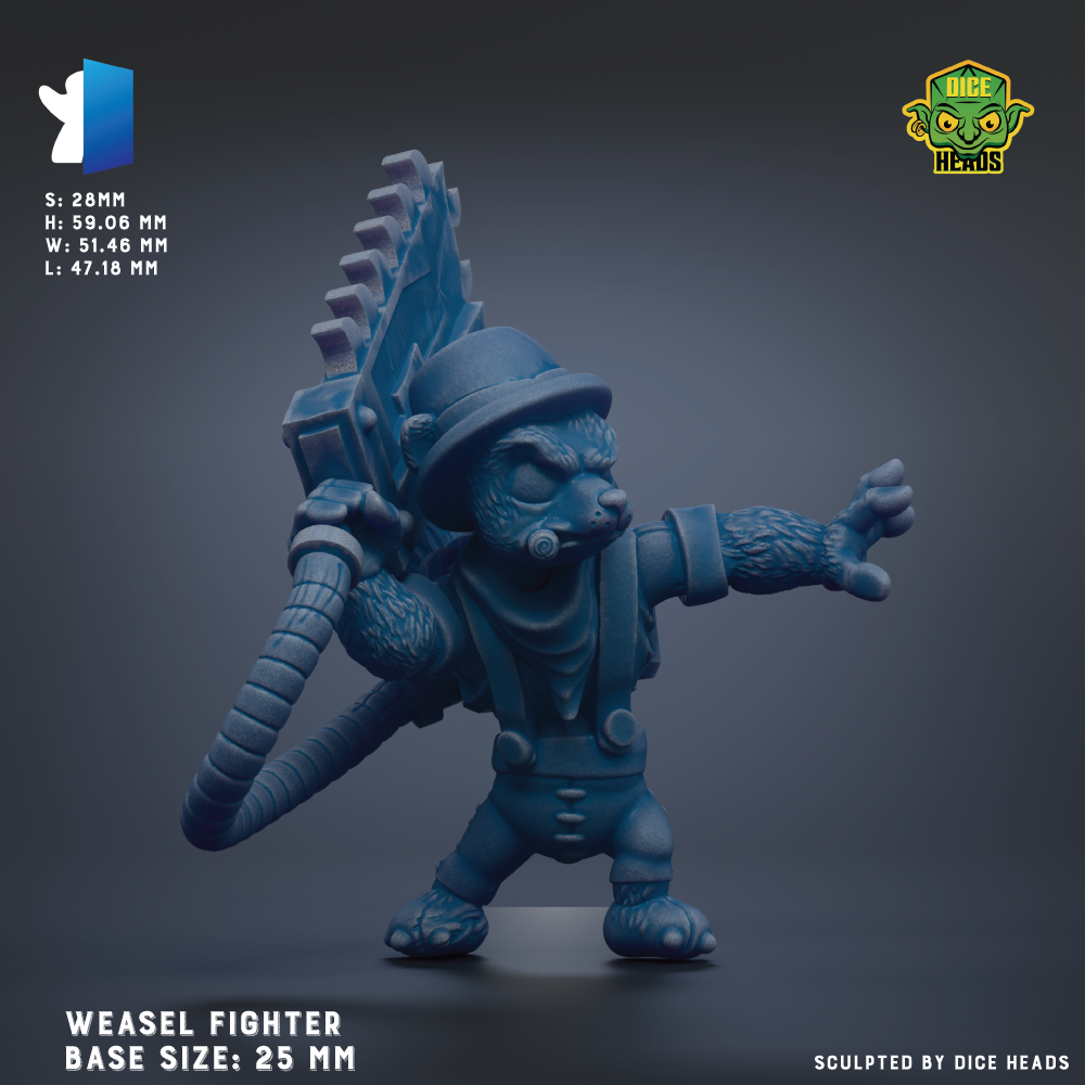 A 3D model of a blue, furry creature resembling a fighter or warrior, with a large weapon in its hands. The creature is depicted in a fighting stance, with its arms outstretched and a determined expression on its face. The image is described as a "Weasel Fighter" and is based on a base size of 25 mm.