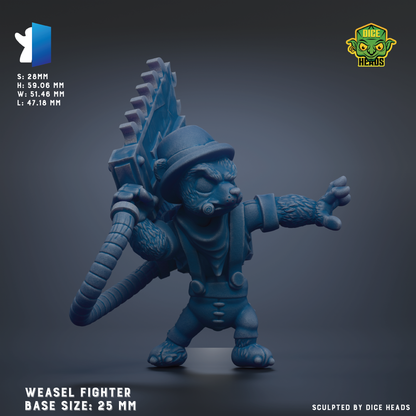 A 3D model of a blue, furry creature resembling a fighter or warrior, with a large weapon in its hands. The creature is depicted in a fighting stance, with its arms outstretched and a determined expression on its face. The image is described as a "Weasel Fighter" and is based on a base size of 25 mm.