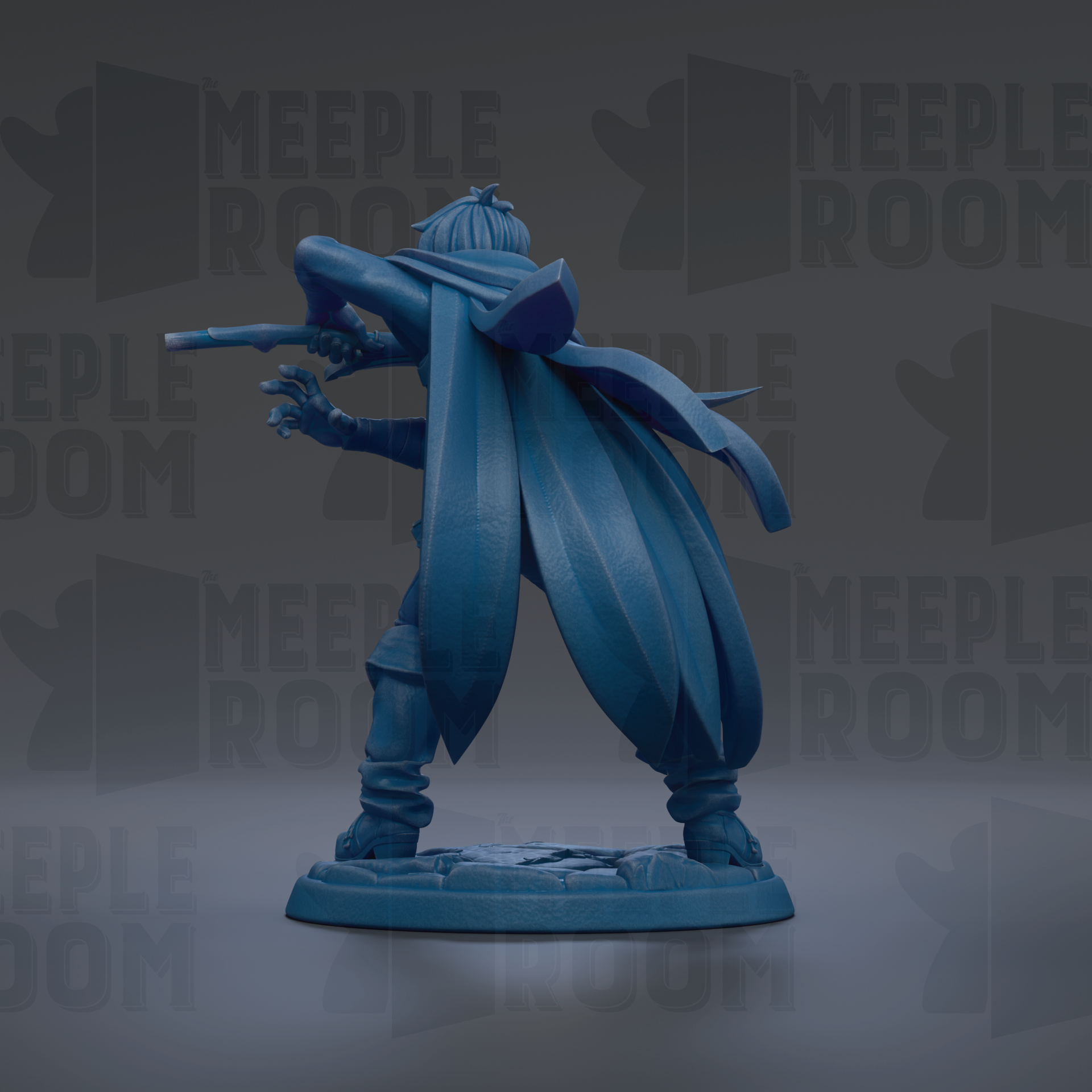 A blue statue of a person holding a weapon and wearing a cape, standing on a base.