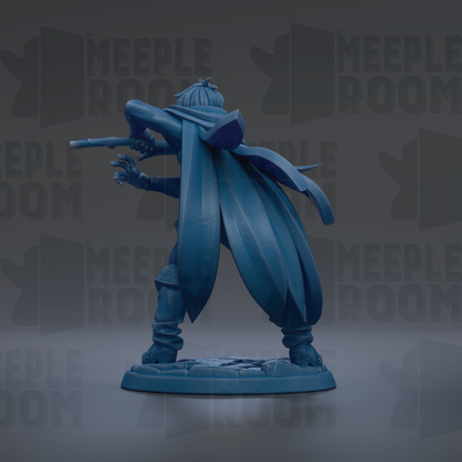 A blue statue of a person holding a weapon and wearing a cape, standing on a base.