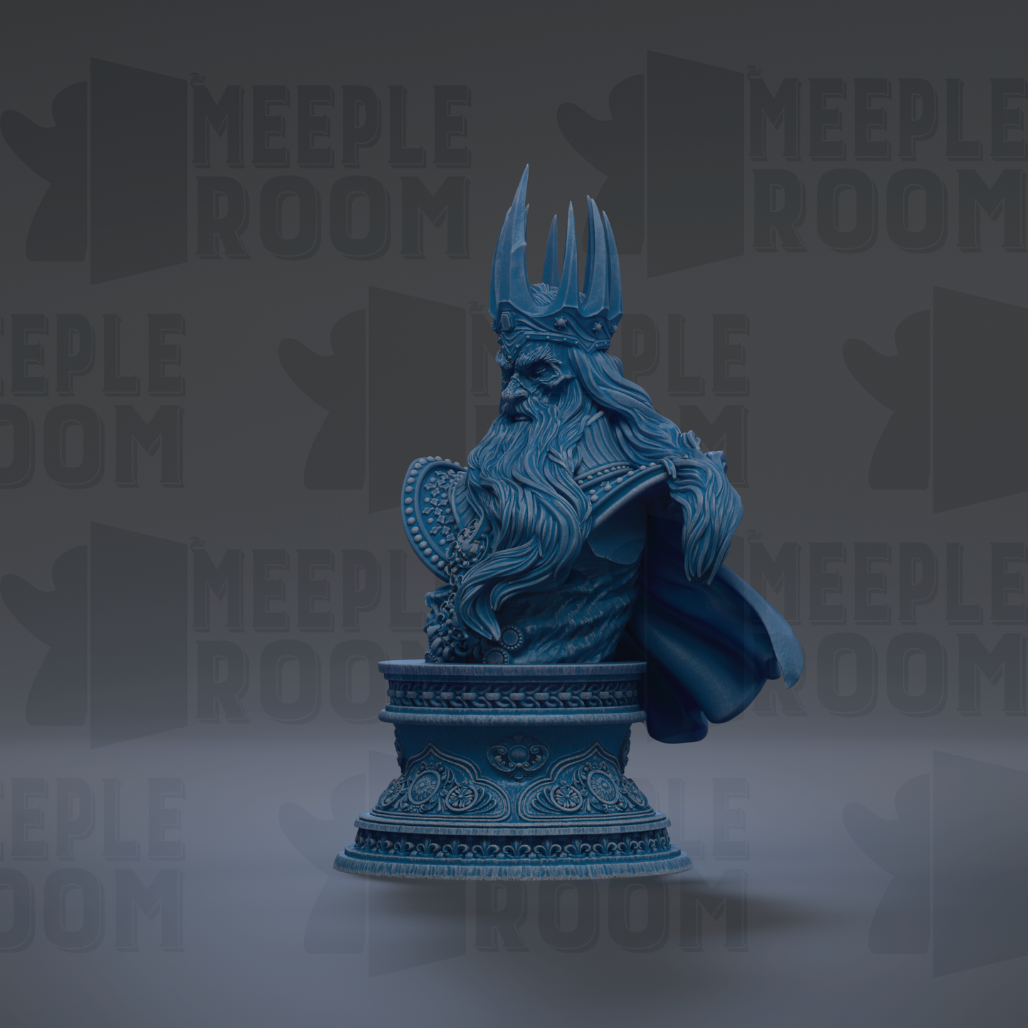 A blue statue of a bearded man wearing a crown, standing on a pedestal with intricate designs.