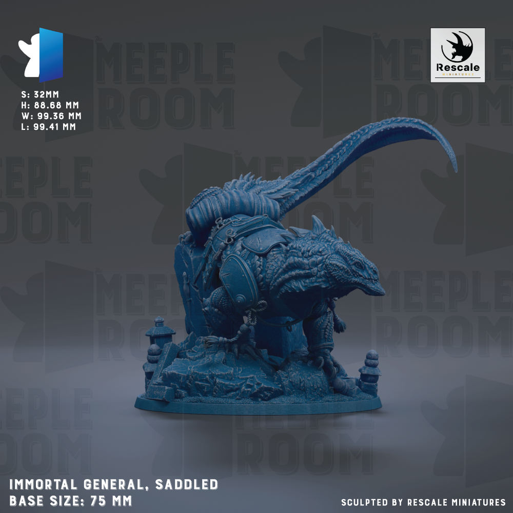 The image is a detailed model of a blue, armored creature resembling a dragon or serpent, mounted on a base. The creature has a long, curved tail and appears to be armored with various weapons. The image is described as a "immortal general, saddled" and is shown in a base size of 7.5 mm. The image is a part of a larger collection of images, and it is described as being "sculpted by rescale miniatures".