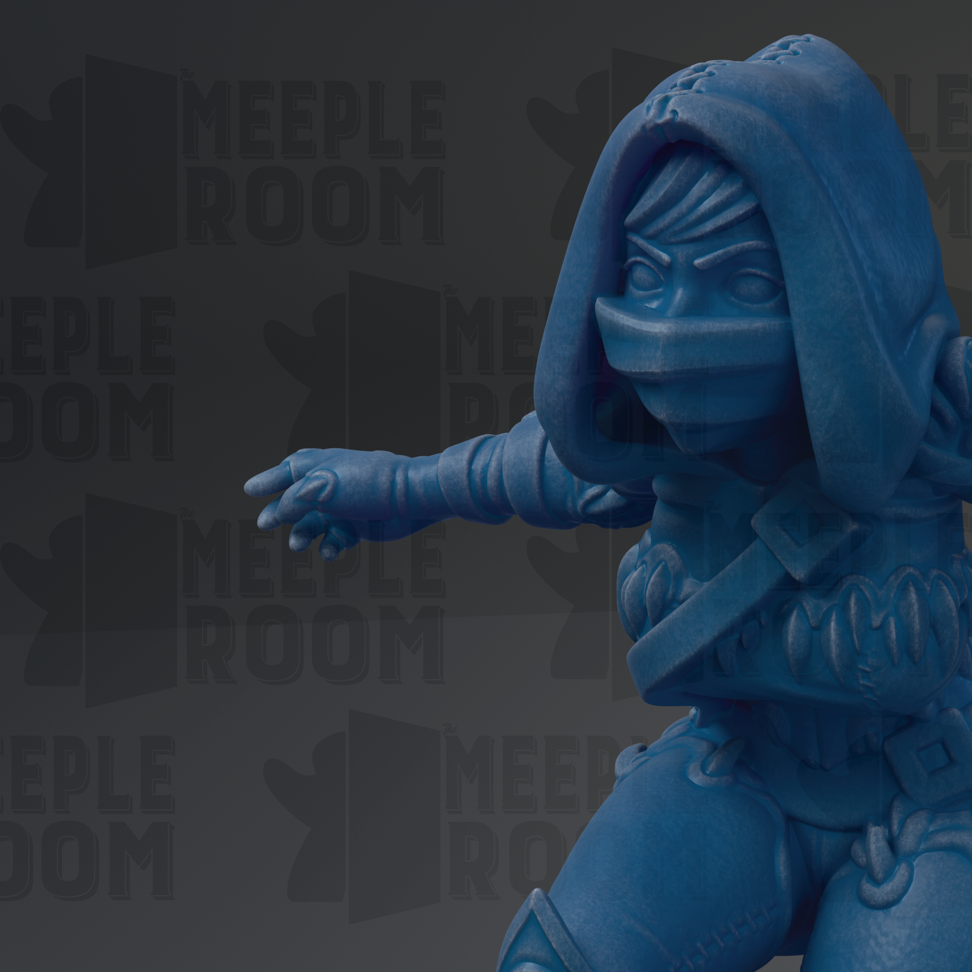 A blue figurine of a character with a hooded head and a mask, standing in a dark background with the text "MEUPLE ROOM" repeated multiple times.