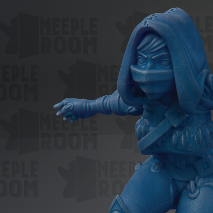 A blue figurine of a character with a hooded head and a mask, standing in a dark background with the text "MEUPLE ROOM" repeated multiple times.