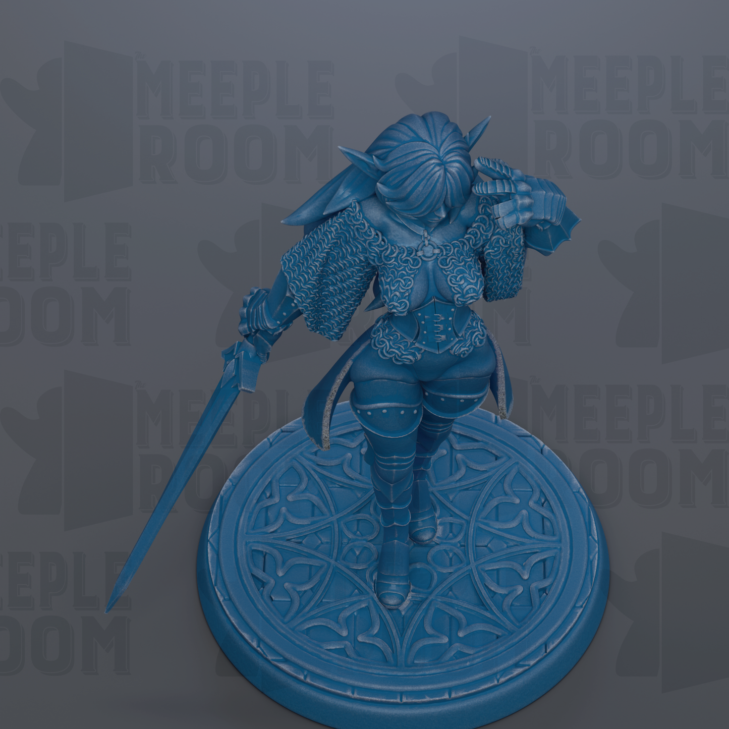 A blue figurine of a warrior standing on a circular base, holding a sword in one hand and a shield in the other.