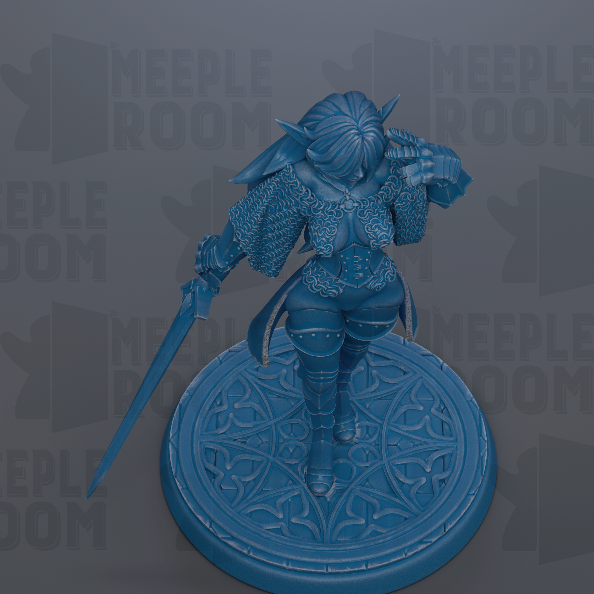 A blue figurine of a warrior standing on a circular base, holding a sword in one hand and a shield in the other.