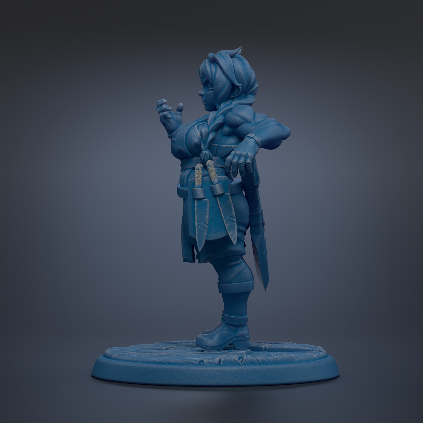A blue figurine of a person standing on a platform, holding a weapon in their hand.