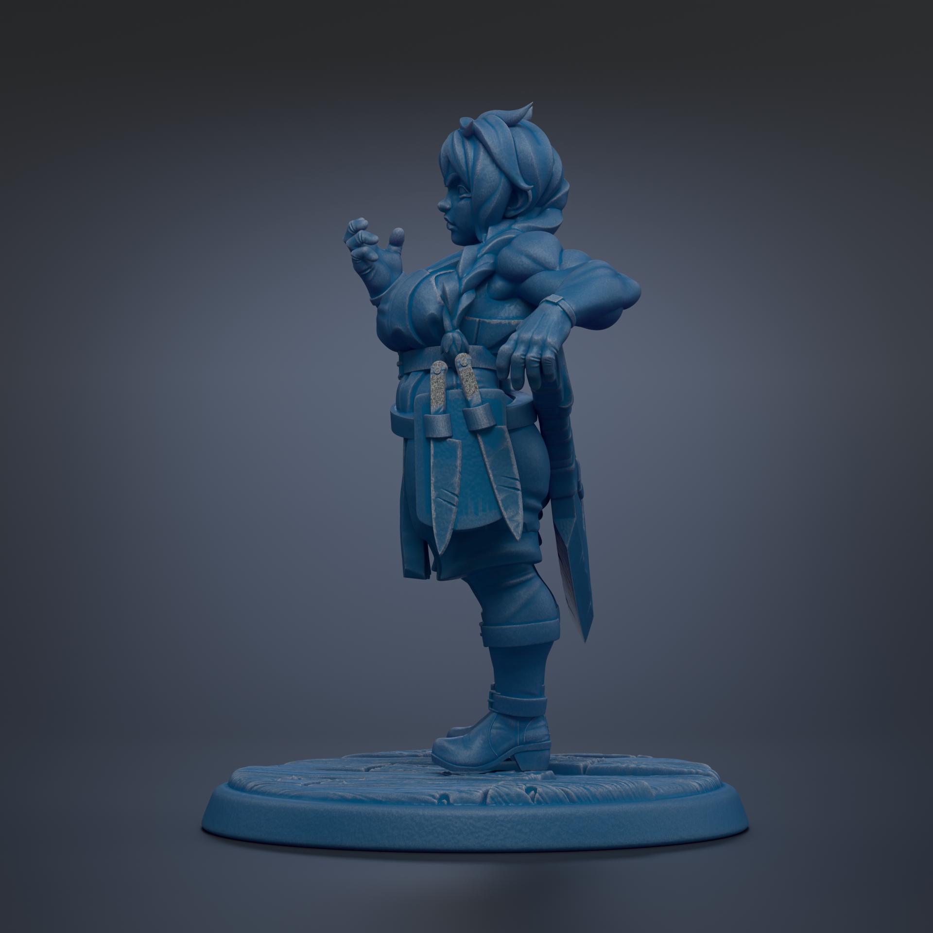 A blue figurine of a person standing on a platform, holding a weapon in their hand.
