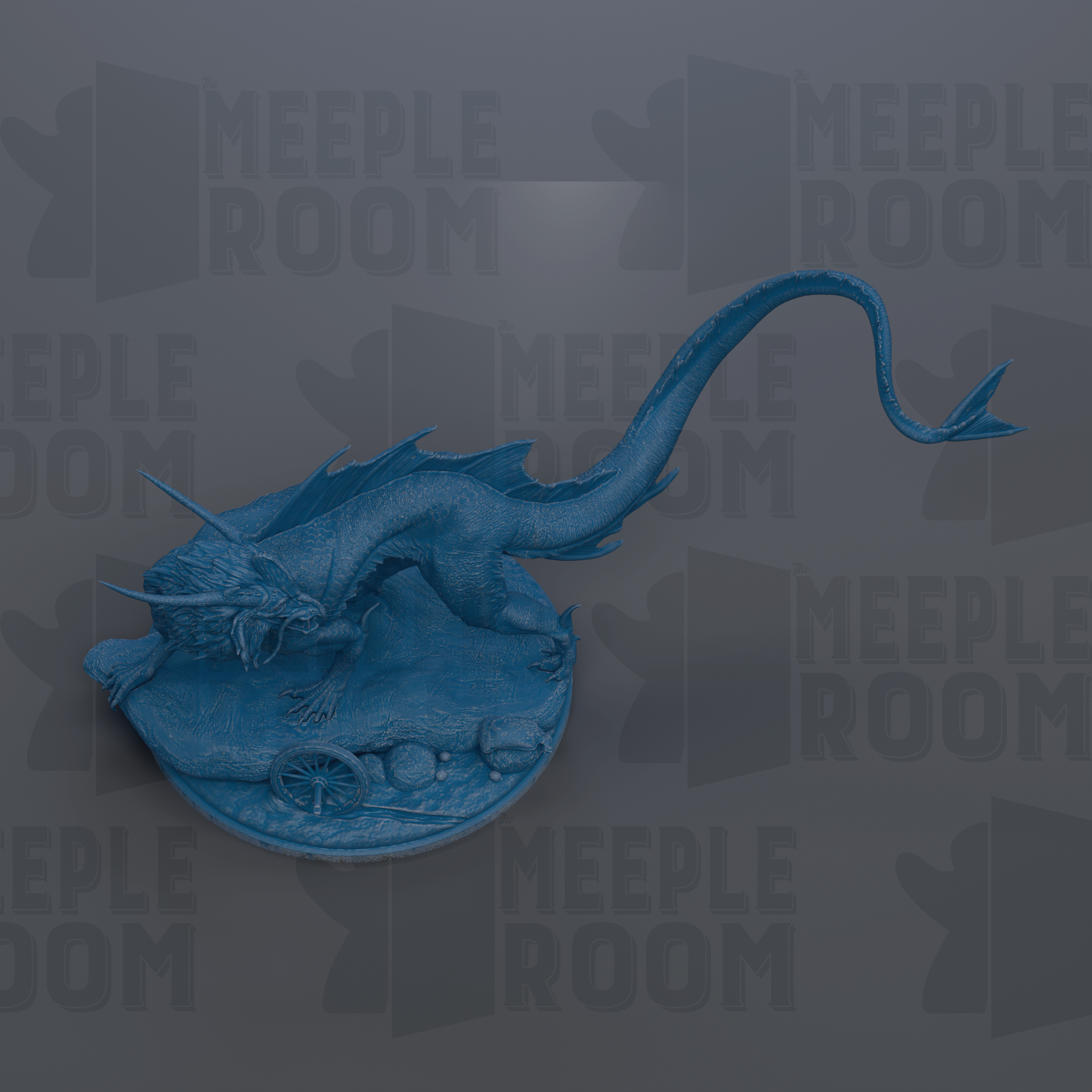 A blue dragon figurine is displayed against a dark background with repeated text.