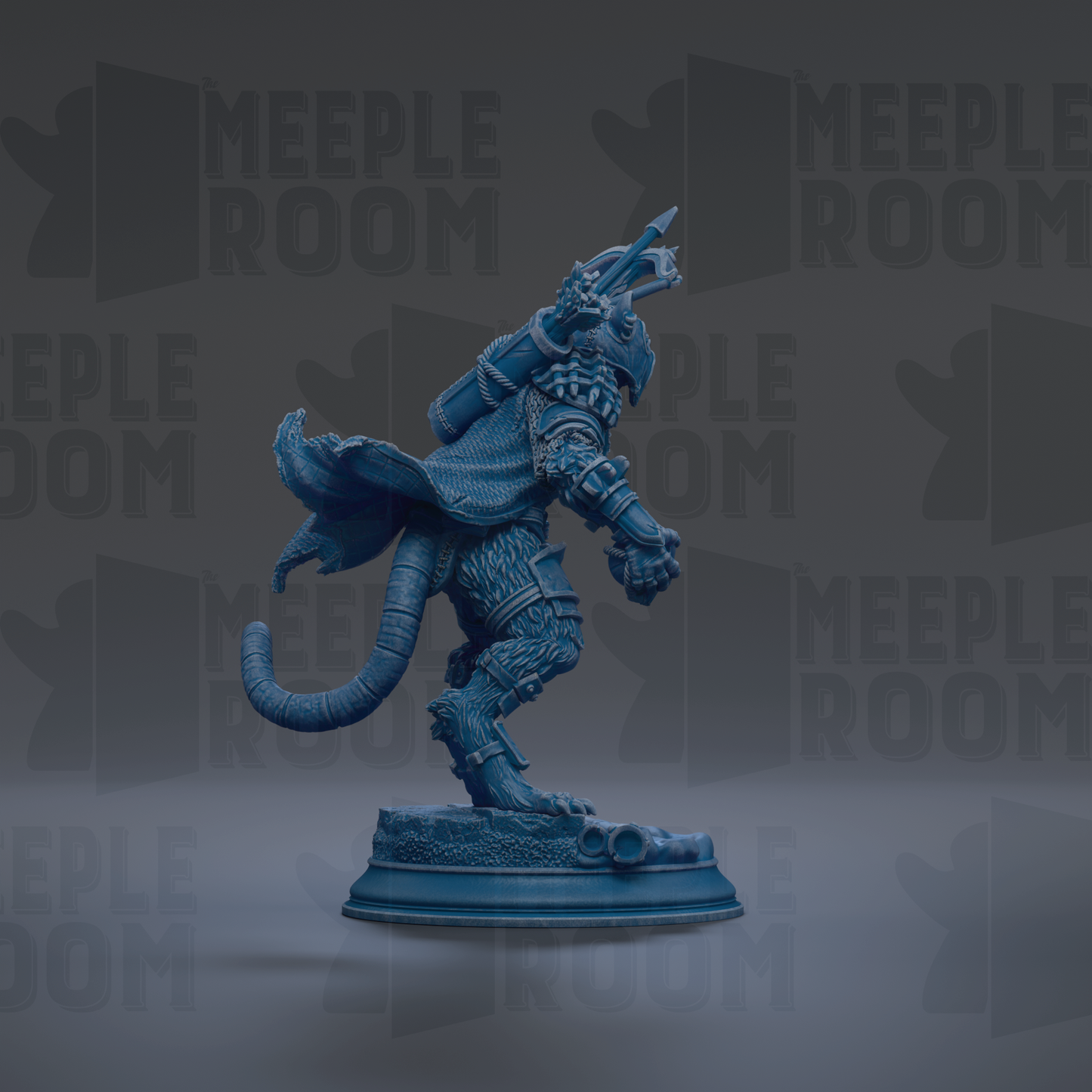 A blue figurine of a cat-like creature with a long tail and a pointed hat, standing on a pedestal against a dark background with repeated text.