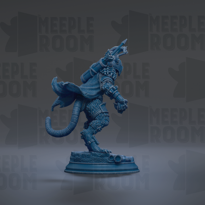 A blue figurine of a cat-like creature with a long tail and a pointed hat, standing on a pedestal against a dark background with repeated text.