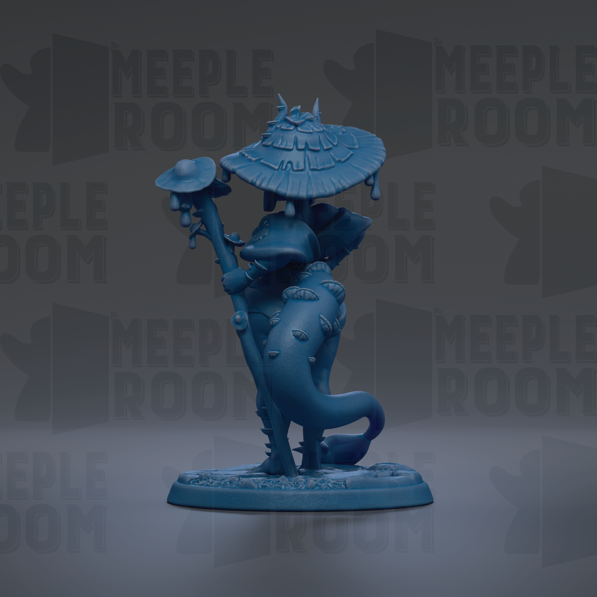 A blue figurine of a whimsical creature, possibly a dragon or a fantastical being, standing on a base and holding a mushroom-shaped object.