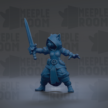 A blue figurine of a cat-like creature holding a sword and standing in a fighting stance.