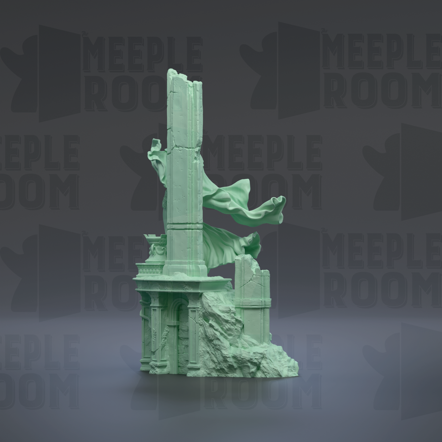 a green, 3D-rendered statue of a crumbling column or pillar, with a flowing fabric draped over it, set against a dark background with repeated text.