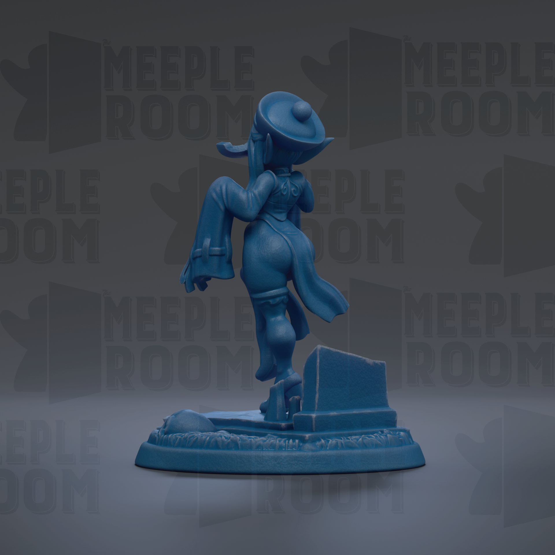A blue figurine of a person standing on a pedestal, with the text "MEUPLE ROOM" repeated in the background.