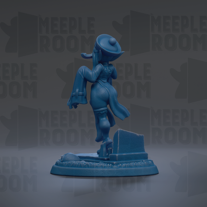 A blue figurine of a person standing on a pedestal, with the text "MEUPLE ROOM" repeated in the background.
