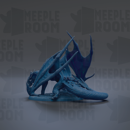 A blue dragon figurine is displayed against a dark background with repeated text.