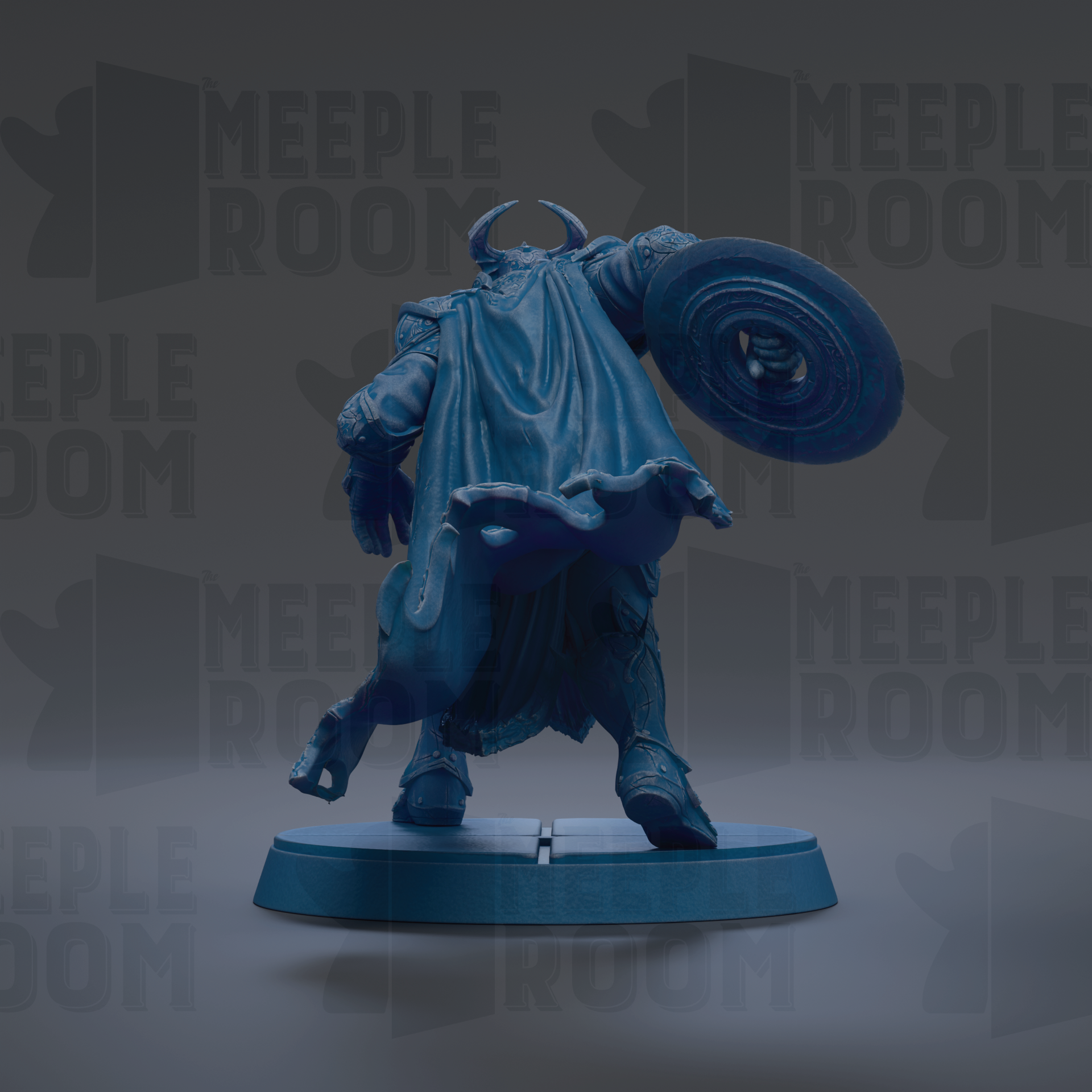 A blue statue of a figure holding a shield and standing on a platform.