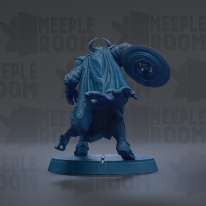 A blue statue of a figure holding a shield and standing on a platform.