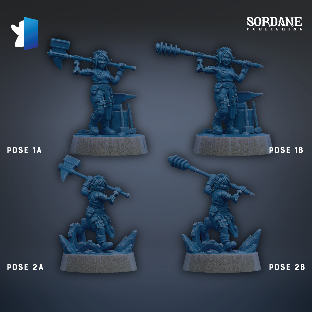 four figurines of a female character, each with different poses and weapons, arranged in a grid-like pattern.