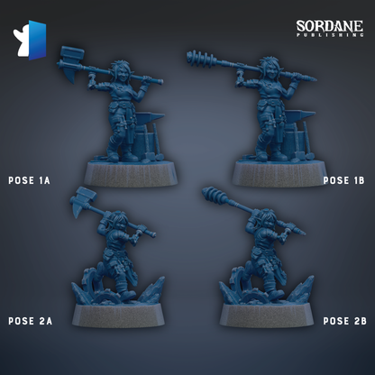 four figurines of a female character, each with different poses and weapons, arranged in a grid-like pattern.