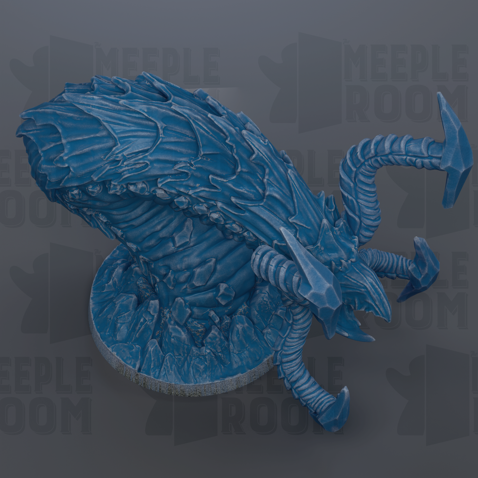 A blue, 3D-rendered creature resembling a dragon or sea monster, with intricate details and textures.