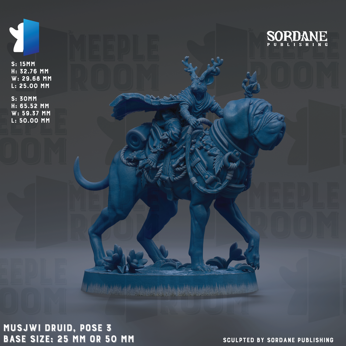 The image is a 3D rendering of a MusiJwi Druid statue, which is a figurine of a deity or supernatural being riding a dog. The statue is posed in a standing position and is made of a blue material. The base size of the statue is either 26.7 mm or 50 mm, depending on the perspective. The image is a collage of multiple images, and it is described as a "SORDANE PUBLISHING" image.