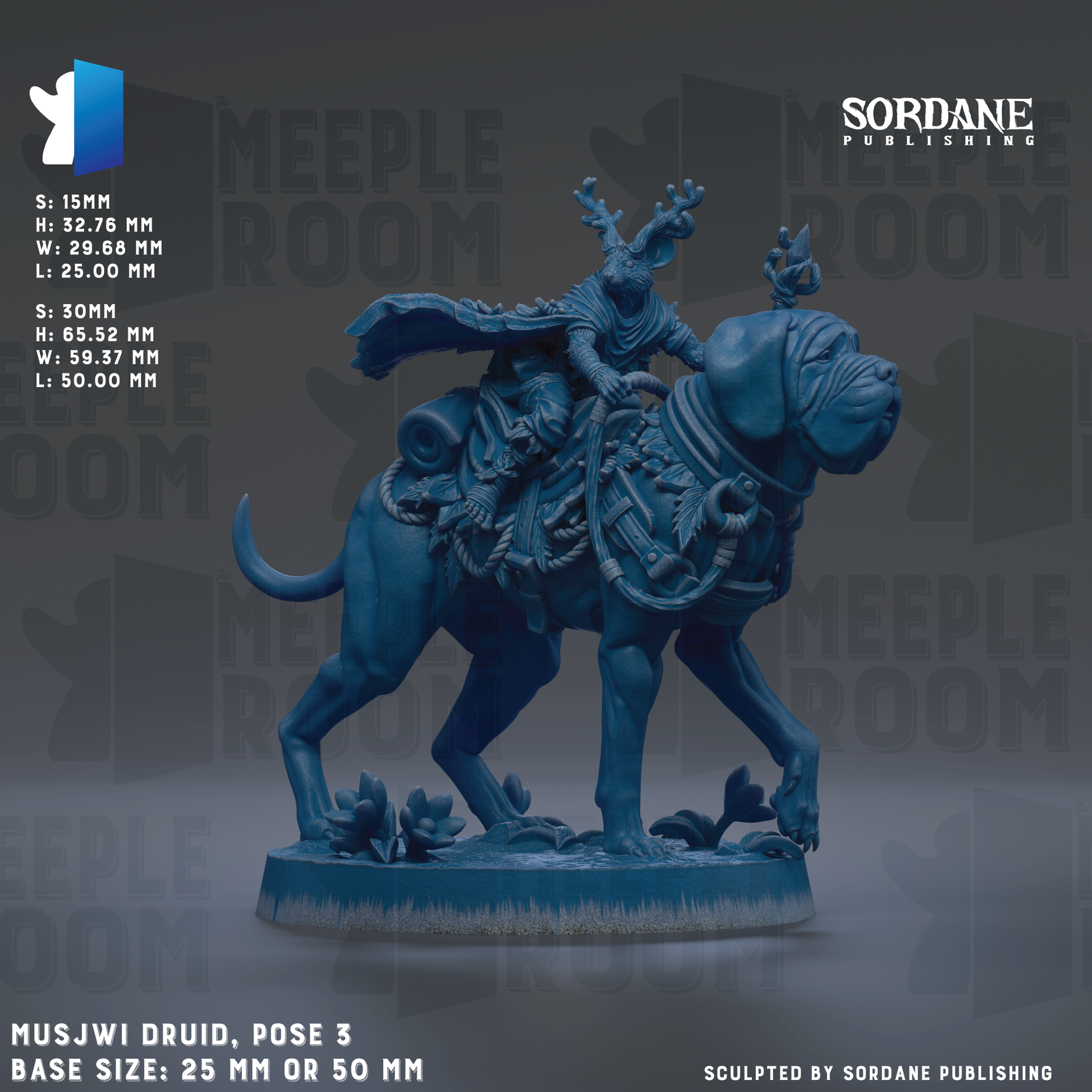 The image is a 3D rendering of a MusiJwi Druid statue, which is a figurine of a deity or supernatural being riding a dog. The statue is posed in a standing position and is made of a blue material. The base size of the statue is either 26.7 mm or 50 mm, depending on the perspective. The image is a collage of multiple images, and it is described as a "SORDANE PUBLISHING" image.