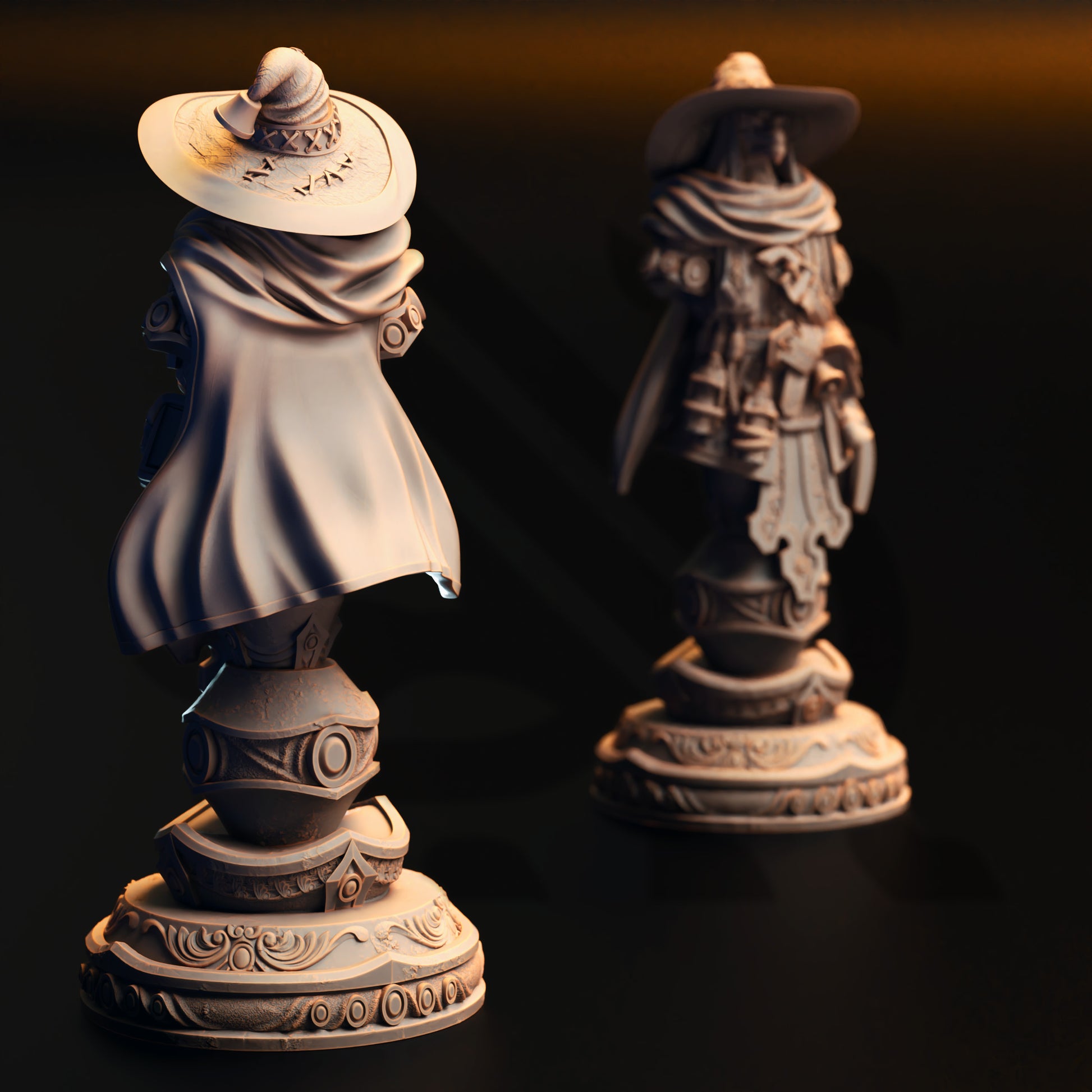 two ornate figurines, one on each side, set against a dark background.