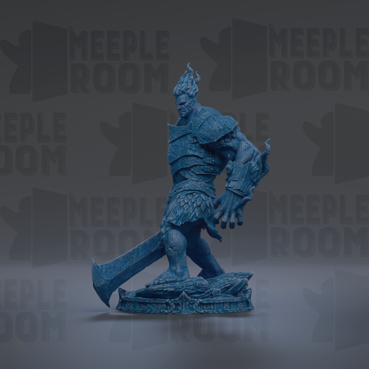 A blue, armored warrior figure stands on a platform, holding a sword in a fighting stance.