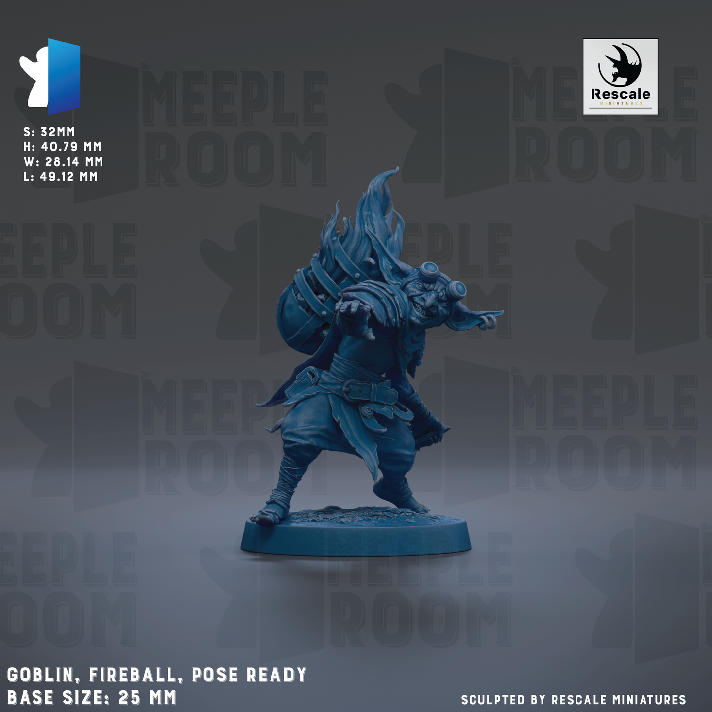 a figurine of a character with a large head and a blue color, standing on a base and appearing ready for action. The figurine is described as a "Goblin, Fireball, Pose Ready" and is shown in various sizes, ranging from 25 to 48.12 millimeters. The image is a collage of multiple images, and the phrase "The image depicts" is not used. The phrase "The image displays" is used instead.
