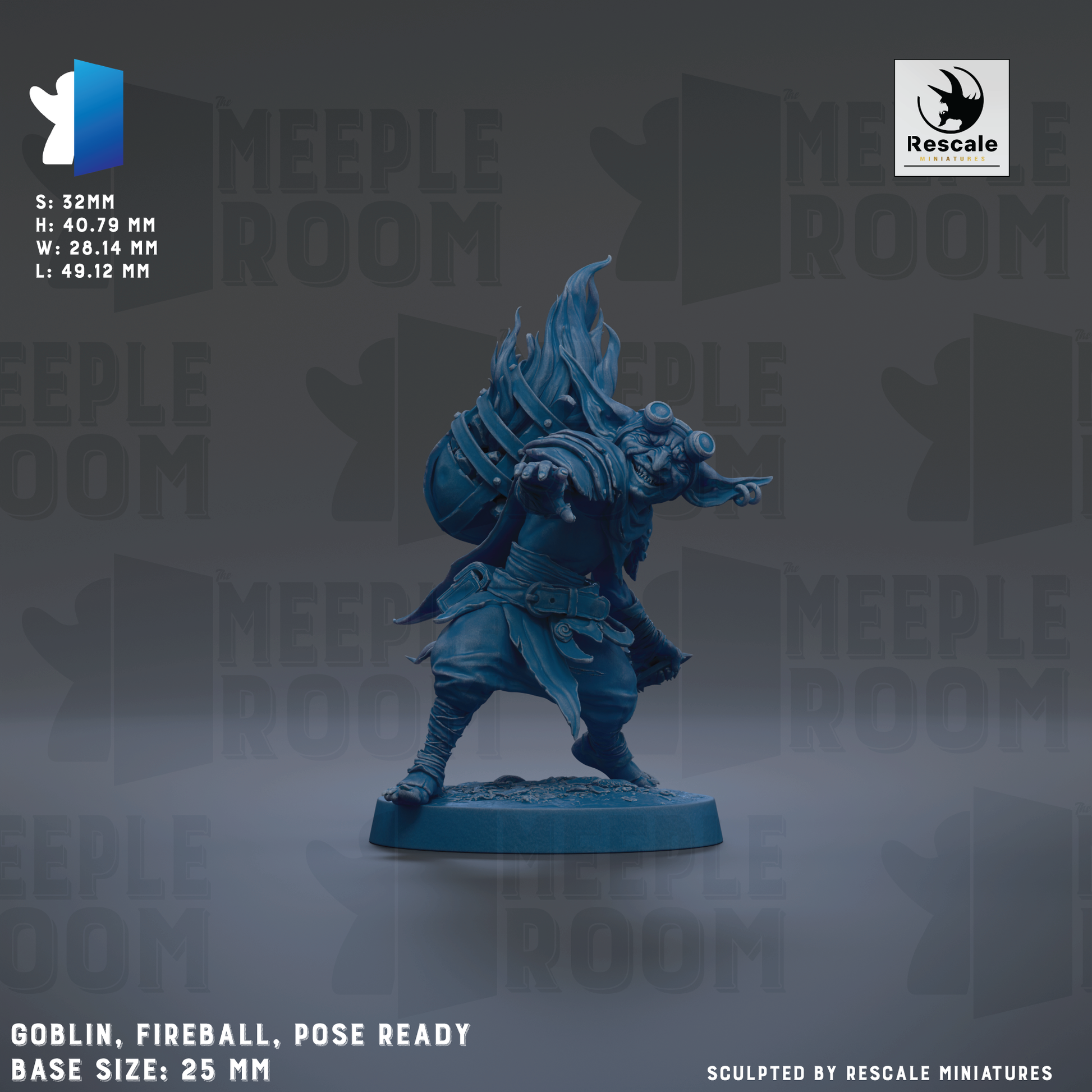 a figurine of a character with a large head and a blue color, standing on a base and appearing ready for action. The figurine is described as a "Goblin, Fireball, Pose Ready" and is shown in various sizes, ranging from 25 to 48.12 millimeters. The image is a collage of multiple images, and the phrase "The image depicts" is not used. The phrase "The image displays" is used instead.