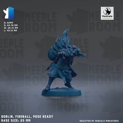 a figurine of a character with a large head and a blue color, standing on a base and appearing ready for action. The figurine is described as a "Goblin, Fireball, Pose Ready" and is shown in various sizes, ranging from 25 to 48.12 millimeters. The image is a collage of multiple images, and the phrase "The image depicts" is not used. The phrase "The image displays" is used instead.