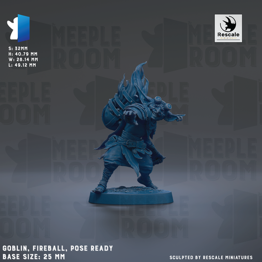 a figurine of a character with a large head and a blue color, standing on a base and appearing ready for action. The figurine is described as a "Goblin, Fireball, Pose Ready" and is shown in various sizes, ranging from 25 to 48.12 millimeters. The image is a collage of multiple images, and the phrase "The image depicts" is not used. The phrase "The image displays" is used instead.
