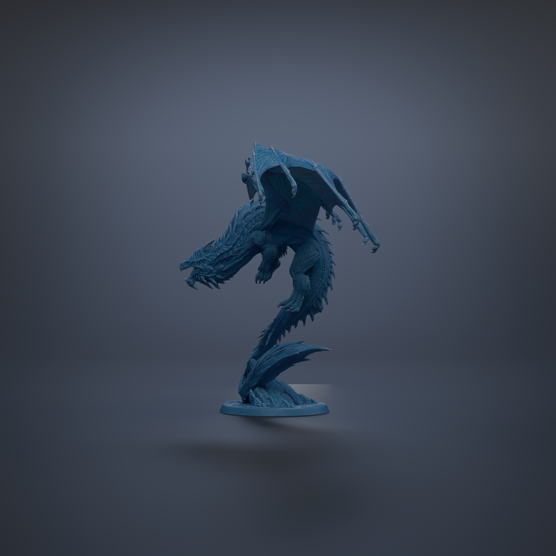 A 3D model of a blue dragon statue with wings spread, standing on a base against a dark background.