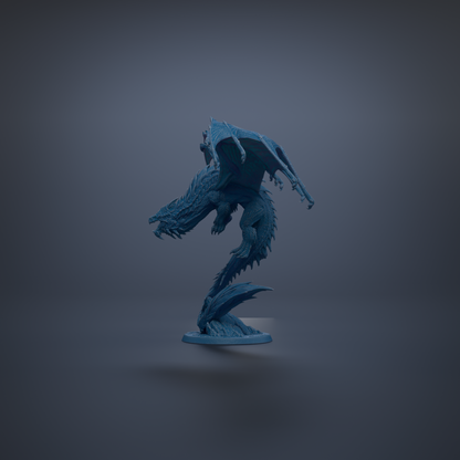 A 3D model of a blue dragon statue with wings spread, standing on a base against a dark background.