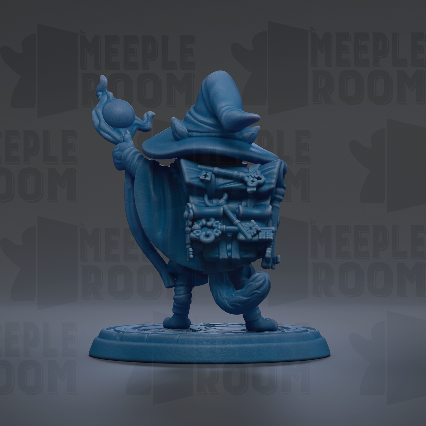 A blue figurine of a wizard or magical character holding a staff and a ball, standing on a platform against a dark background with repeated text.
