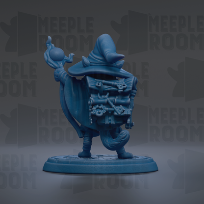 A blue figurine of a wizard or magical character holding a staff and a ball, standing on a platform against a dark background with repeated text.